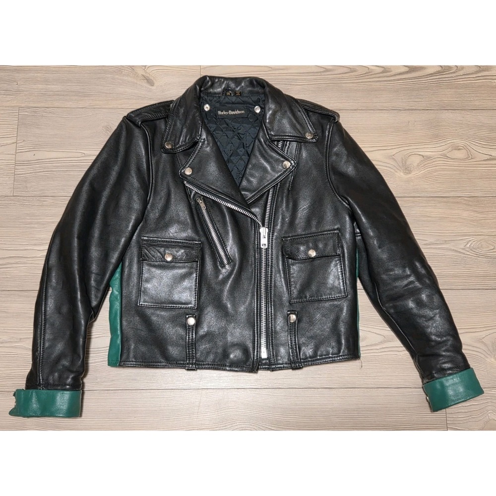 Vintage Harley Davidson Leather Jacket /w Green Panels & Cuffs Womens 36 XS/S‎